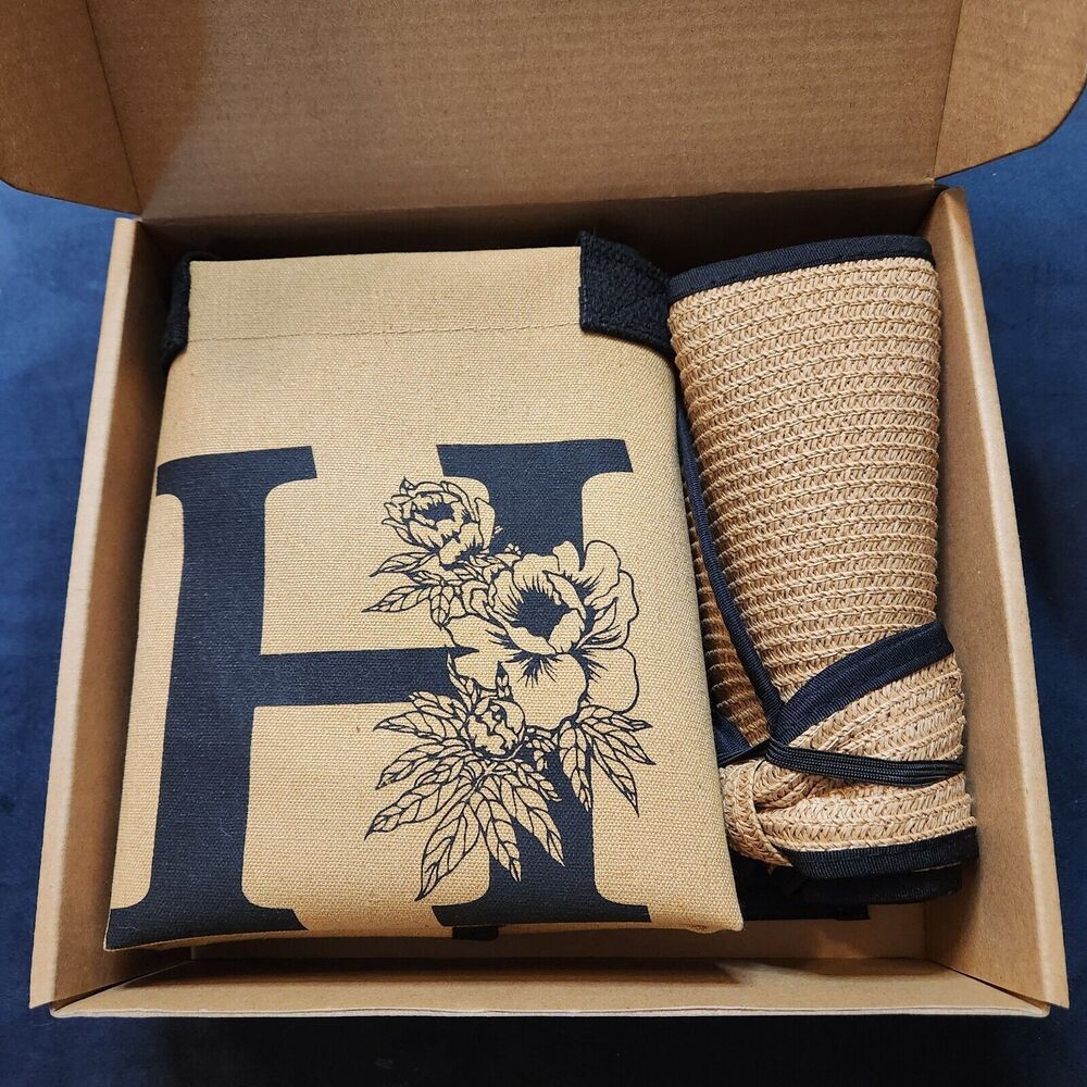 Monogrammed Initial Letter H Canvas Tote Makeup Beach Bag Sun Hat Gift Set Box